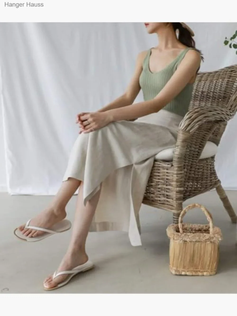 High Waisted Straight Fit Linen Long Skirt with Slit Midi - Picture 4 of 6